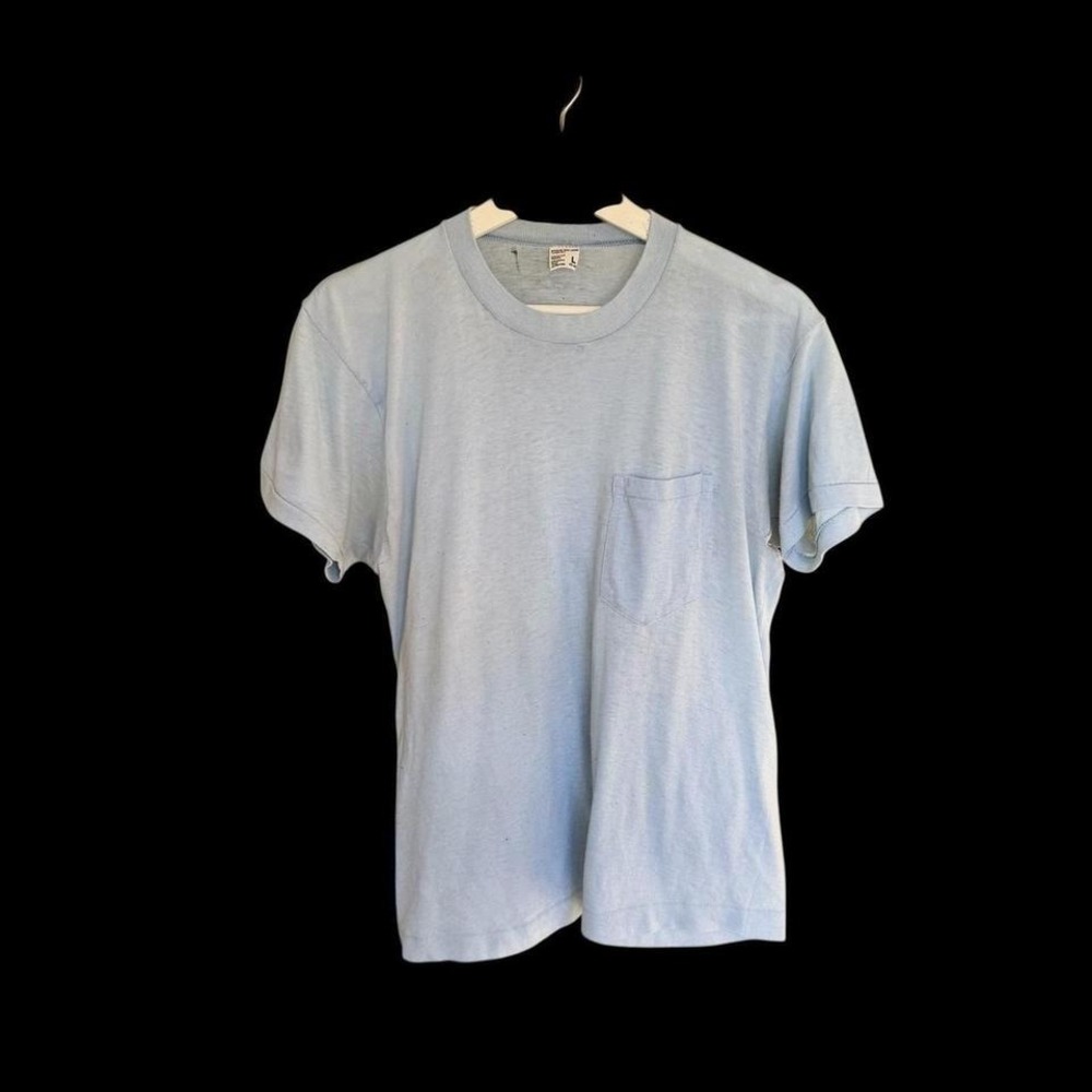 Vintage 70's JC Penney Blank Baby Blue Pocket T Shirt Sz Large USA Distressed‎